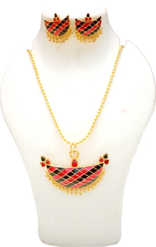 Assamese_Traditional_Gold_Plated_Red_Black_Colour_Joonbiri_Chain_Jewellery_Set_For_Women